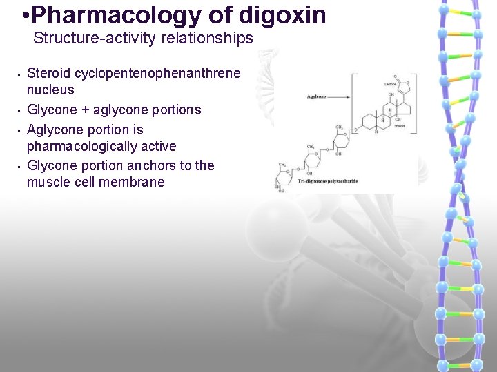  • Pharmacology of digoxin Structure-activity relationships • • Steroid cyclopentenophenanthrene nucleus Glycone +