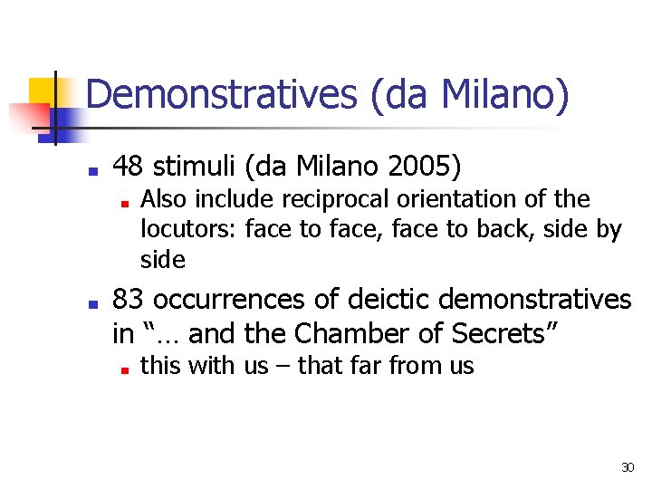 Demonstratives (da Milano) ■ 48 stimuli (da Milano 2005) ■ ■ Also include reciprocal