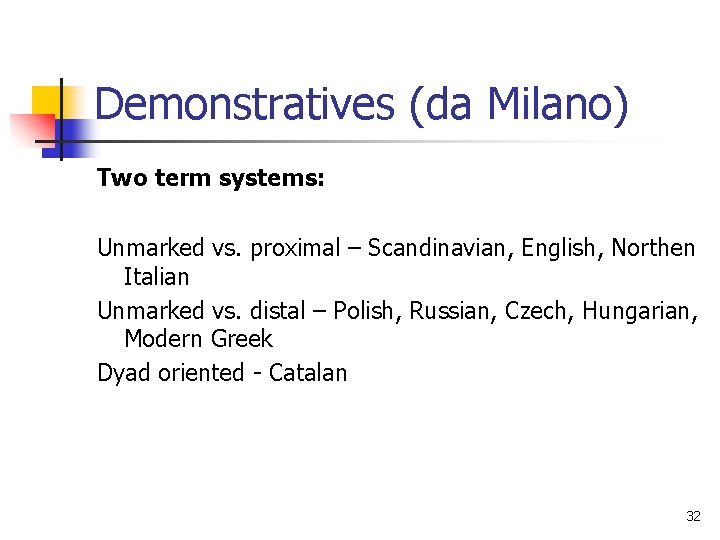 Demonstratives (da Milano) Two term systems: Unmarked vs. proximal – Scandinavian, English, Northen Italian