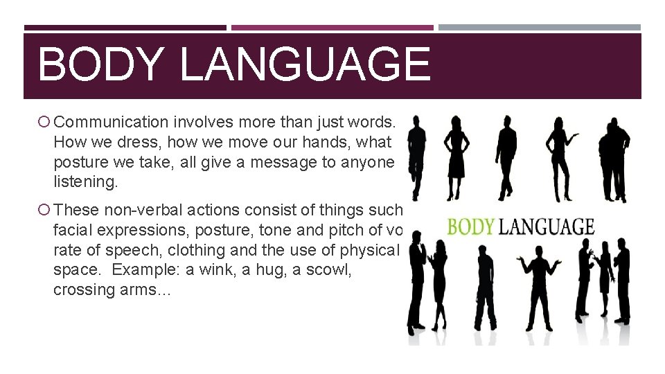 BODY LANGUAGE Communication involves more than just words. How we dress, how we move