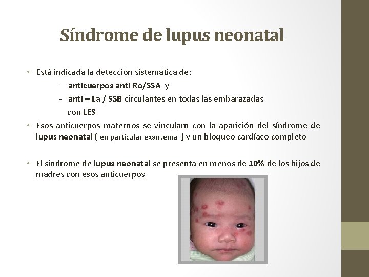 Síndrome de lupus neonatal • Está indicada la detección sistemática de: - anticuerpos anti