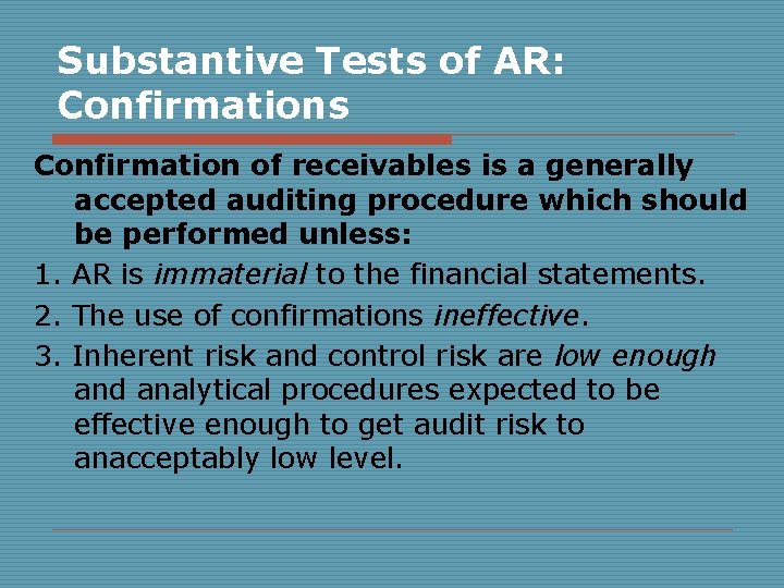 Substantive Tests of AR: Confirmations Confirmation of receivables is a generally accepted auditing procedure