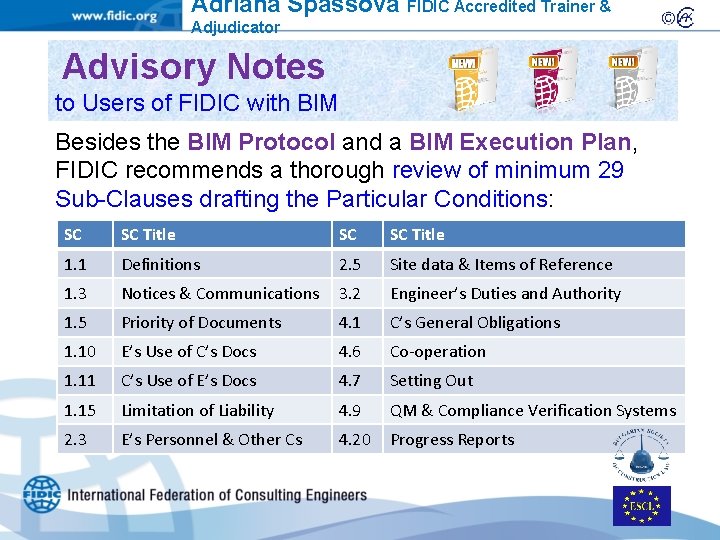 Adriana Spassova FIDIC Accredited Trainer & Adjudicator Advisory Notes to Users of FIDIC with