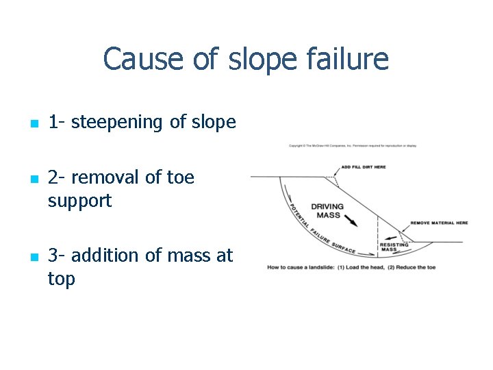 Cause of slope failure n n n 1 - steepening of slope 2 -