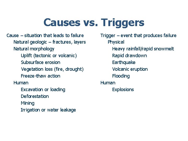 Causes vs. Triggers Cause – situation that leads to failure Natural geologic – fractures,