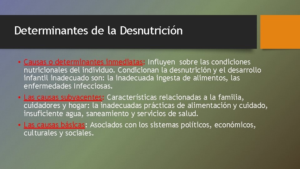 Determinantes de la Desnutrición • Causas o determinantes inmediatas: Influyen sobre las condiciones nutricionales