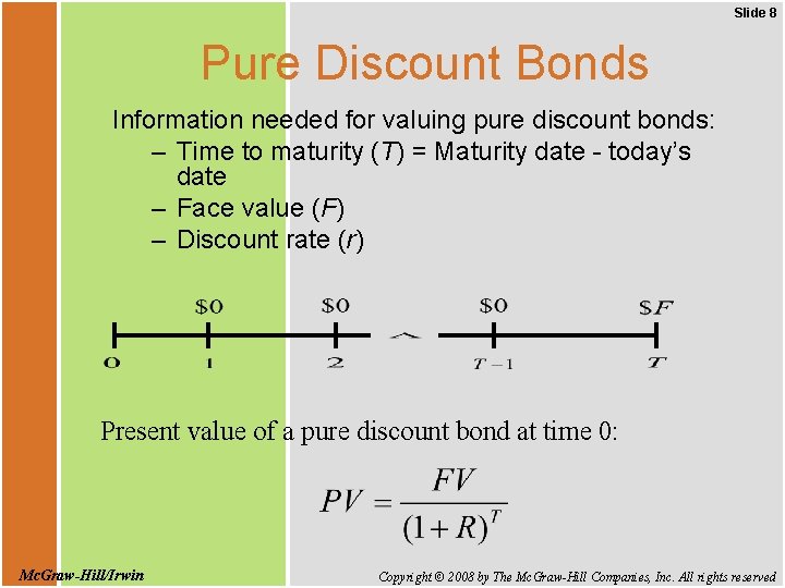 Slide 8 Pure Discount Bonds Information needed for valuing pure discount bonds: – Time