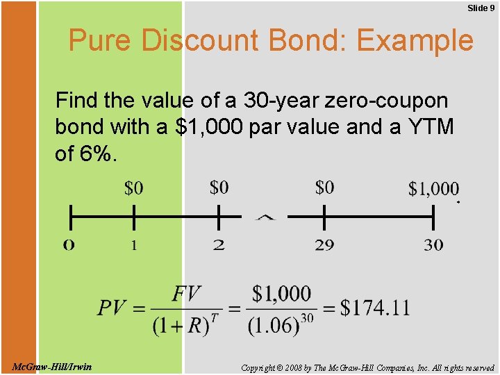 Slide 9 Pure Discount Bond: Example Find the value of a 30 -year zero-coupon