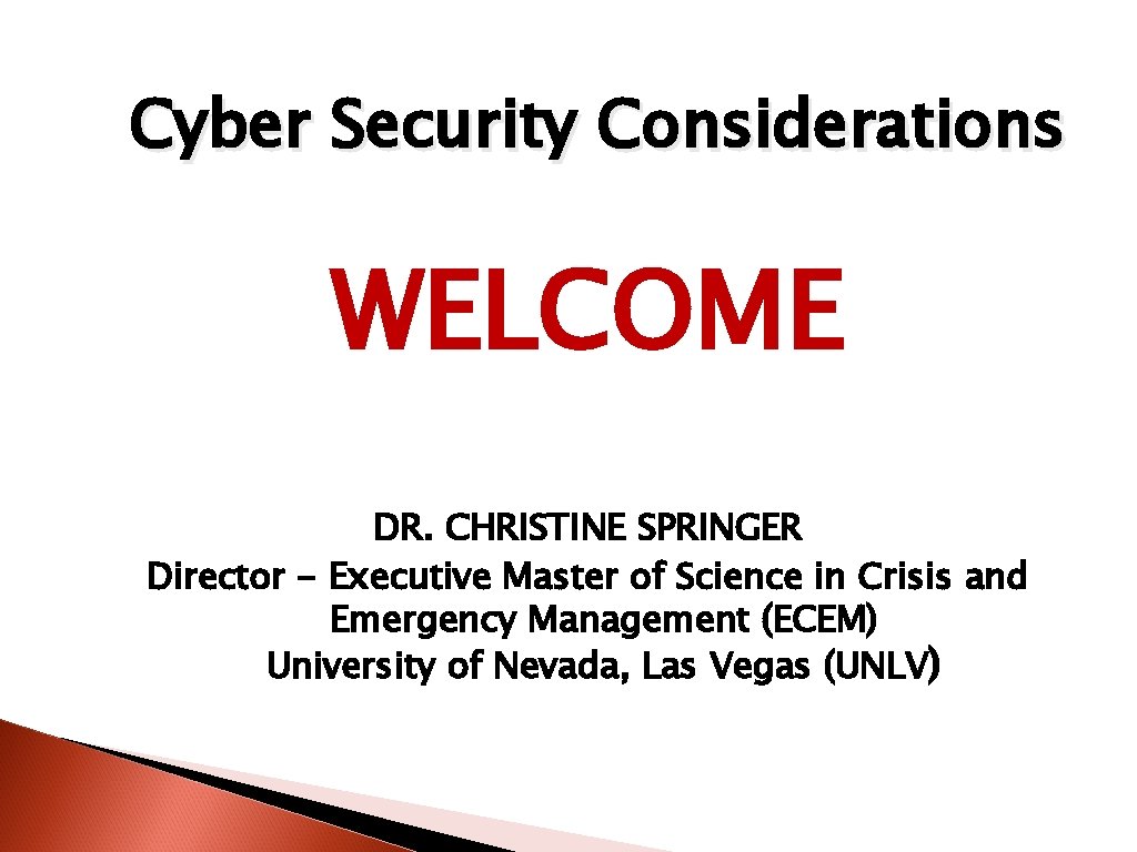 Cyber Security Considerations WELCOME DR. CHRISTINE SPRINGER Director - Executive Master of Science in