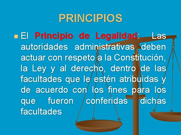 PRINCIPIOS n El Principio de Legalidad: Las autoridades administrativas deben actuar con respeto a