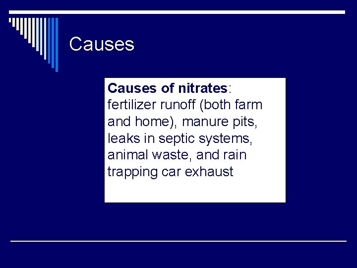 Causes of nitrates: fertilizer runoff (both farm and home), manure pits, leaks in septic