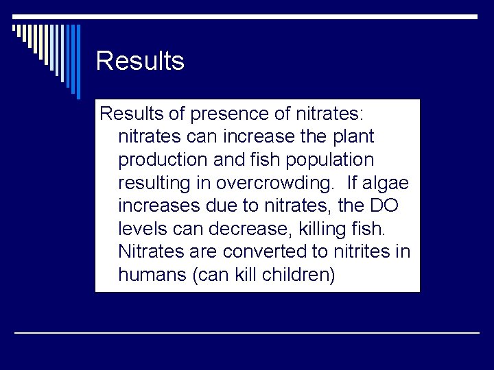 Results of presence of nitrates: nitrates can increase the plant production and fish population