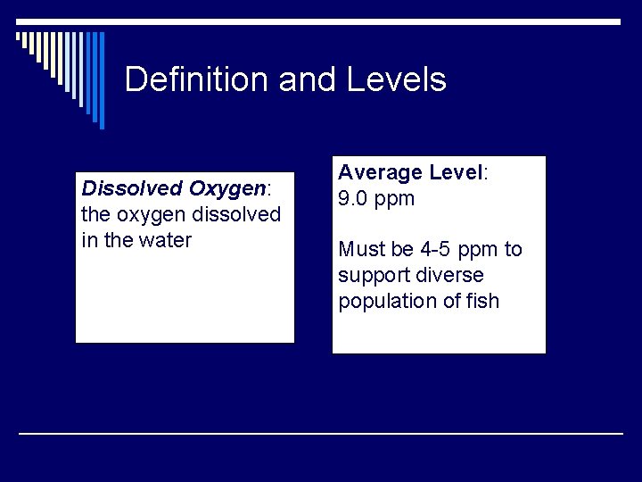Definition and Levels Dissolved Oxygen: the oxygen dissolved in the water Average Level: 9.
