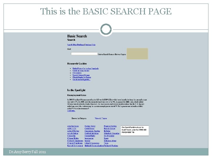 This is the BASIC SEARCH PAGE Dr. Amy Berry Fall 2011 