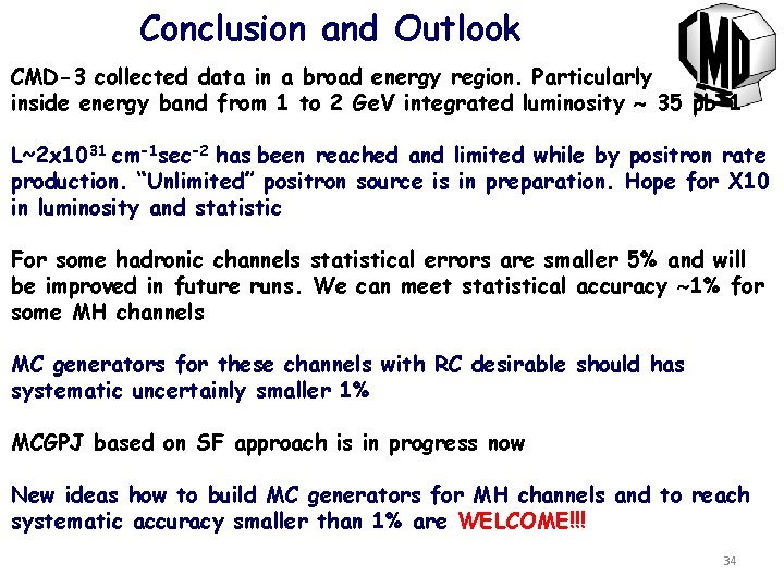 Conclusion and Outlook CMD-3 collected data in a broad energy region. Particularly inside energy