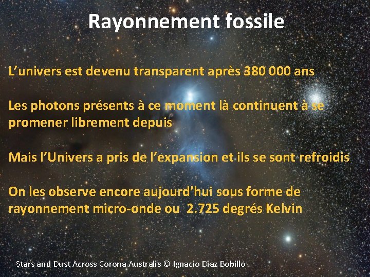 Rayonnement fossile L’univers est devenu transparent après 380 000 ans Les photons présents à