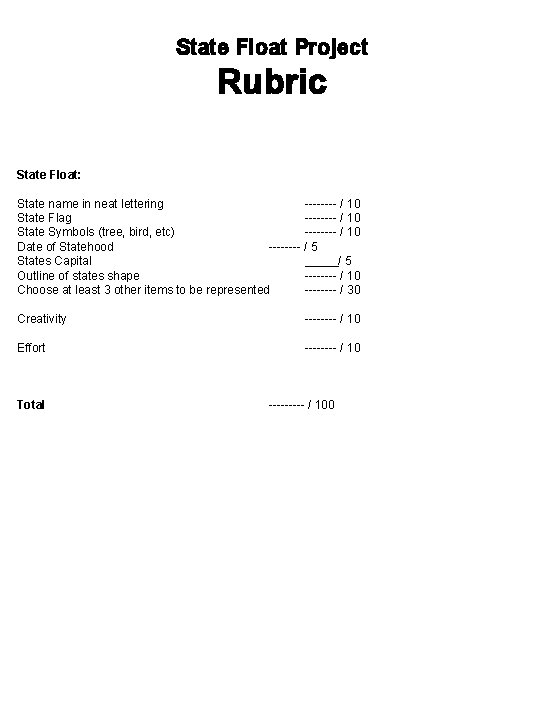 State Float Project Rubric State Float: State name in neat lettering ---- / 10