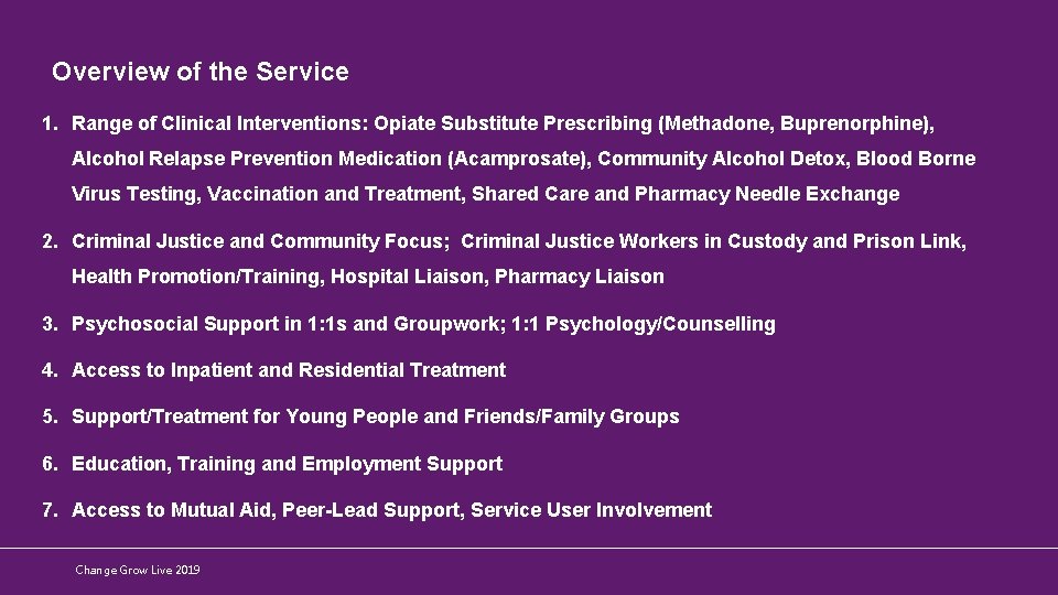 Overview of the Service 1. Range of Clinical Interventions: Opiate Substitute Prescribing (Methadone, Buprenorphine),