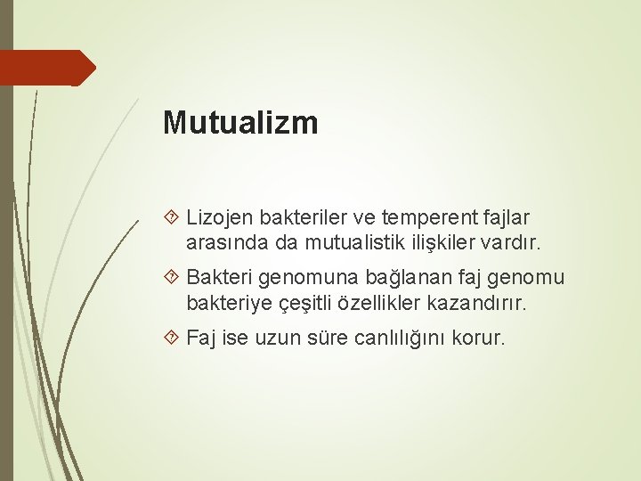 Mutualizm Lizojen bakteriler ve temperent fajlar arasında da mutualistik ilişkiler vardır. Bakteri genomuna bağlanan