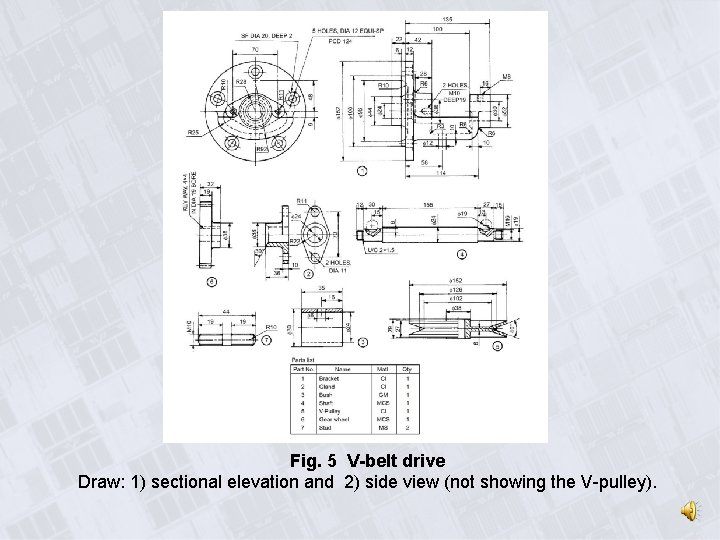 Fig. 5 V-belt drive Draw: 1) sectional elevation and 2) side view (not showing