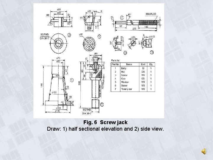 Fig. 6 Screw jack Draw: 1) half sectional elevation and 2) side view. 