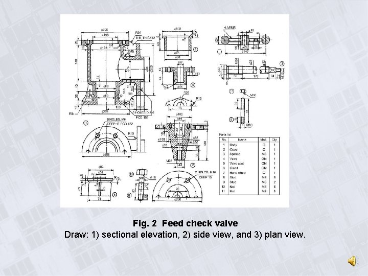 Fig. 2 Feed check valve Draw: 1) sectional elevation, 2) side view, and 3)