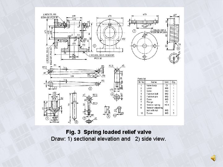 Fig. 3 Spring loaded relief valve Draw: 1) sectional elevation and 2) side view.