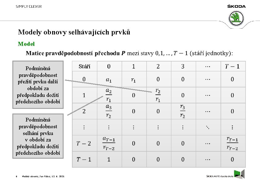 Modely obnovy selhávajících prvků Model Podmíněná pravděpodobnost přežití prvku další období za předpokladu dožití
