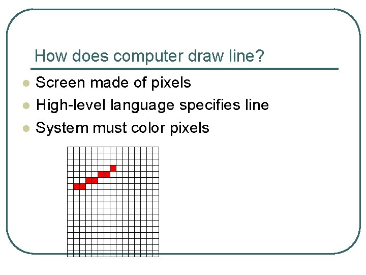 How does computer draw line? l l l Screen made of pixels High-level language