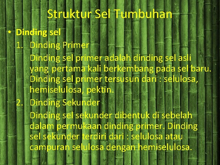 Struktur Sel Tumbuhan • Dinding sel 1. Dinding Primer Dinding sel primer adalah dinding