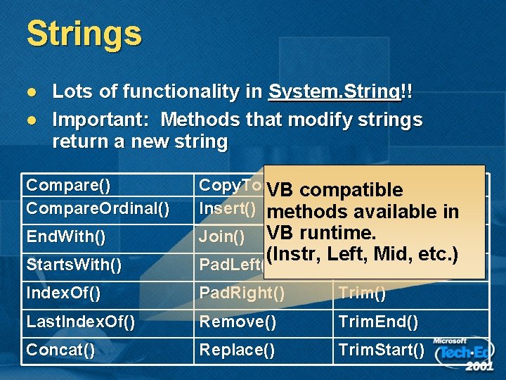 Strings l l Lots of functionality in System. String!! Important: Methods that modify strings Strings l l Lots of functionality in System. String!! Important: Methods that modify strings