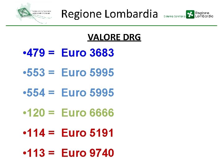 Regione Lombardia VALORE DRG • 479 = Euro 3683 • 553 = Euro 5995