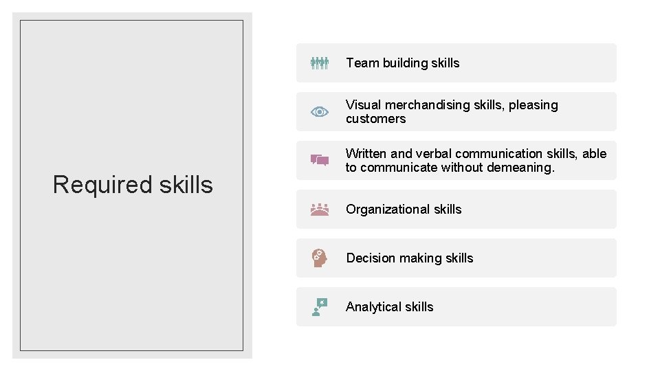 Team building skills Visual merchandising skills, pleasing customers Required skills Written and verbal communication