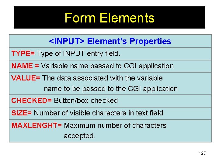 Form Elements <INPUT> Element’s Properties TYPE= Type of INPUT entry field. NAME = Variable