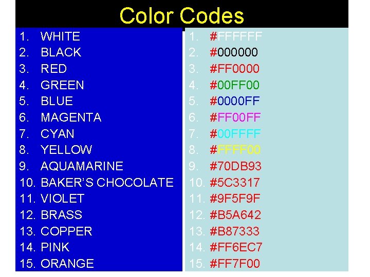 Color Codes 1. 2. 3. 4. 5. 6. 7. 8. 9. 10. 11. 12.