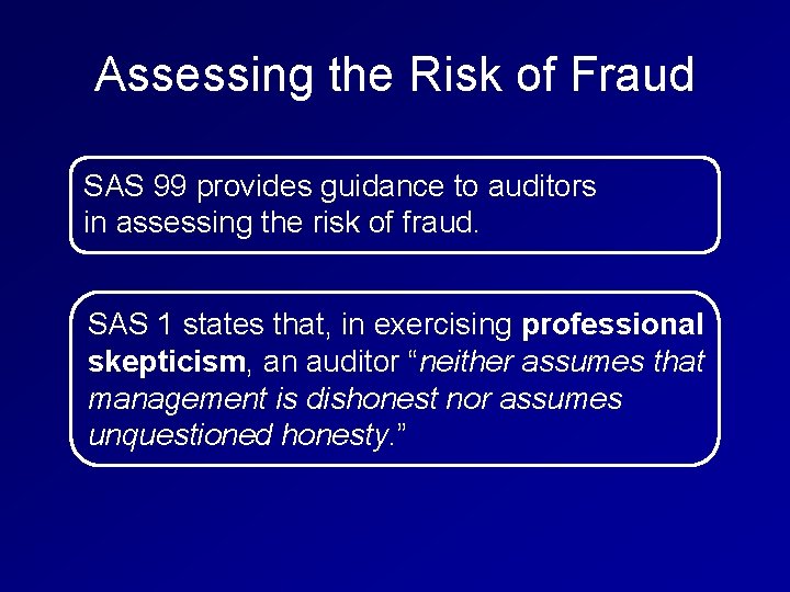 Assessing the Risk of Fraud SAS 99 provides guidance to auditors in assessing the