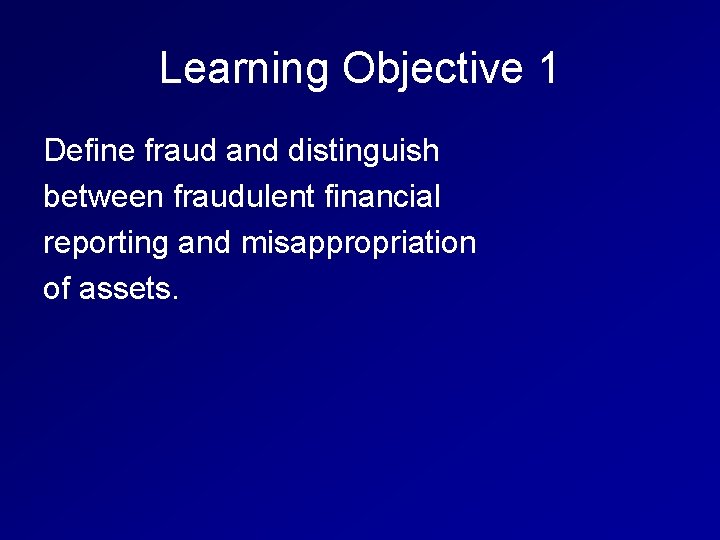 Learning Objective 1 Define fraud and distinguish between fraudulent financial reporting and misappropriation of