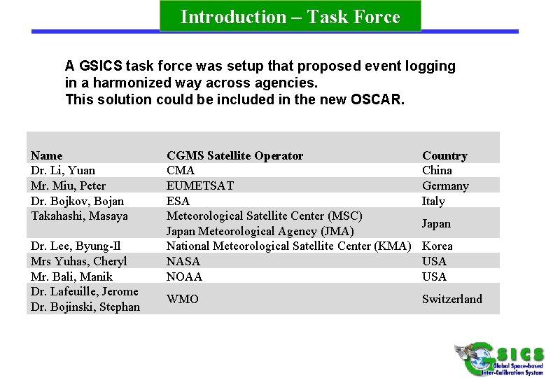 Introduction – Task Force A GSICS task force was setup that proposed event logging