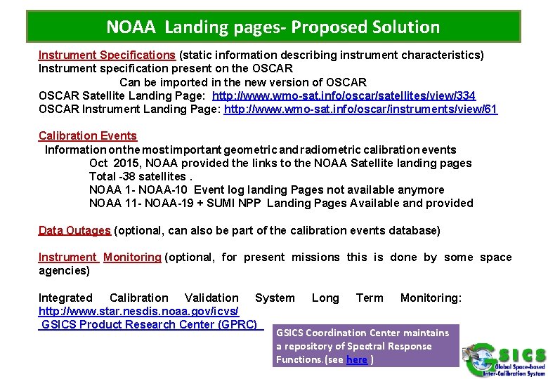 NOAA Landing pages- Proposed Solution Instrument Specifications (static information describing instrument characteristics) Instrument specification