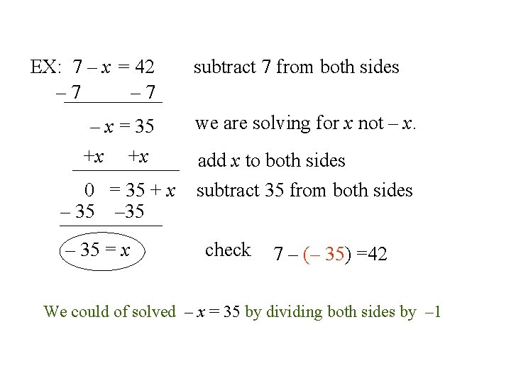 EX: 7 – x = 42 – 7 subtract 7 from both sides –