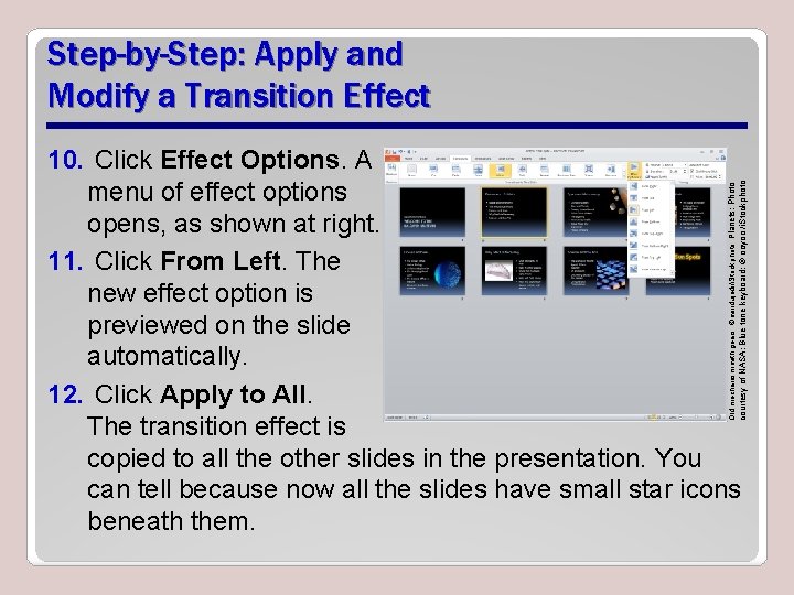 Step-by-Step: Apply and Modify a Transition Effect courtesy of NASA; Blue tone keyboard: ©