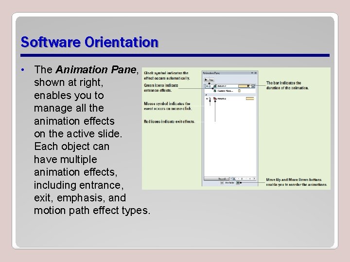 Software Orientation • The Animation Pane, shown at right, enables you to manage all