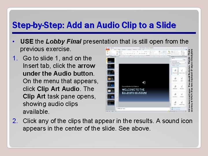 Step-by-Step: Add an Audio Clip to a Slide courtesy of NASA; Blue tone keyboard: