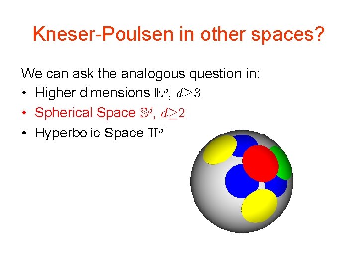 Kneser-Poulsen in other spaces? We can ask the analogous question in: • Higher dimensions