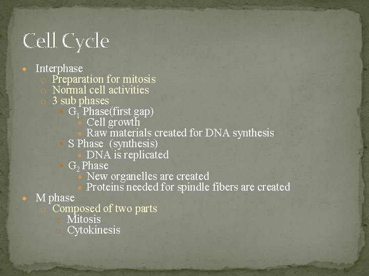 Cell Cycle Interphase o Preparation for mitosis o Normal cell activities o 3 sub