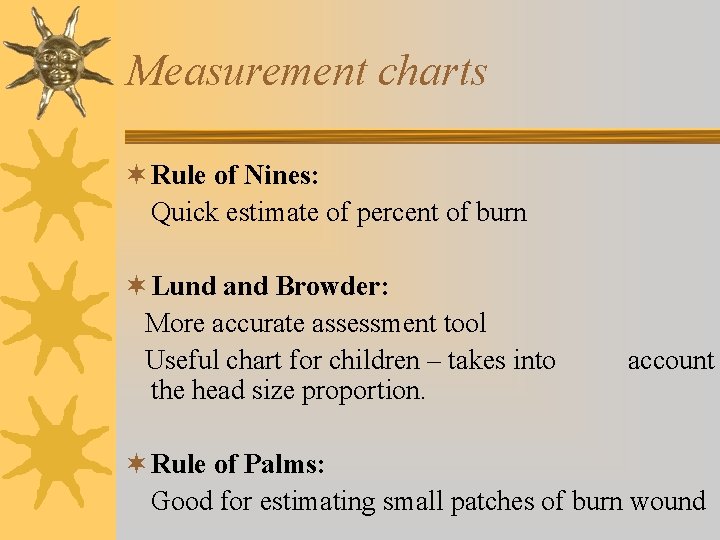 Measurement charts ¬ Rule of Nines: Quick estimate of percent of burn ¬ Lund