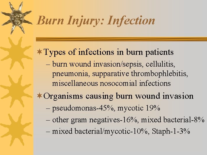 Burn Injury: Infection ¬Types of infections in burn patients – burn wound invasion/sepsis, cellulitis,