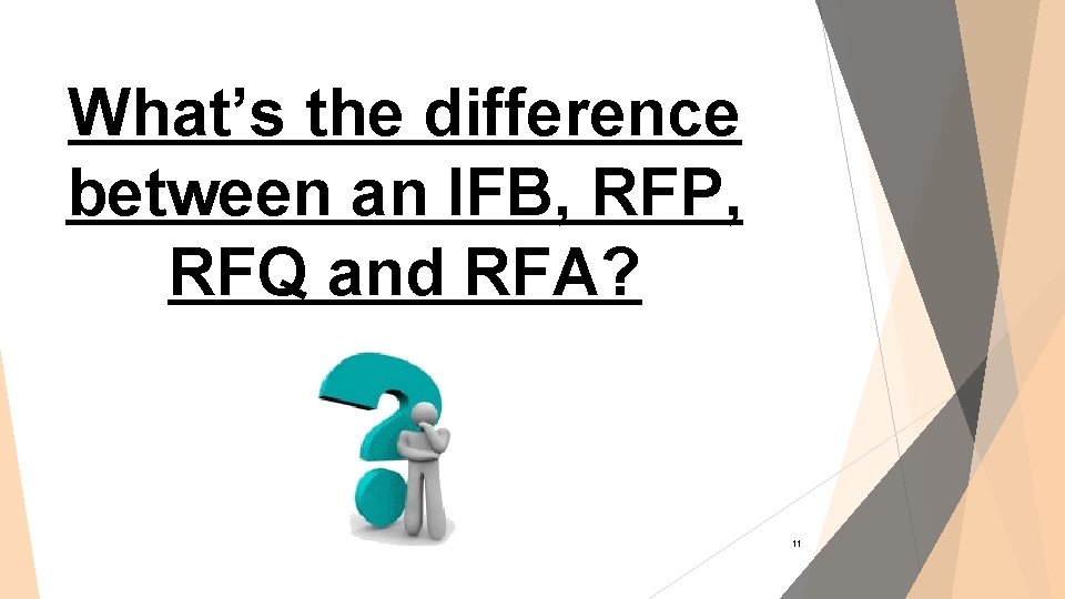 What’s the difference between an IFB, RFP, RFQ and RFA? 11 