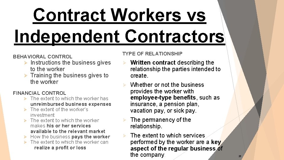 Contract Workers vs Independent Contractors BEHAVIORAL CONTROL Ø Instructions the business gives to the