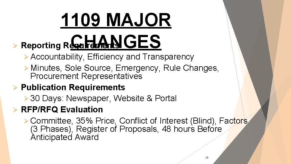 Ø 1109 MAJOR CHANGES Reporting Requirements Ø Accountability, Efficiency and Transparency Ø Minutes, Sole